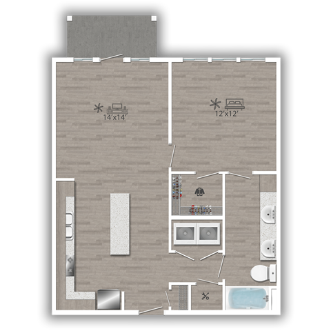 Floor plan for 1 bed, 1 bath, 802 sqft